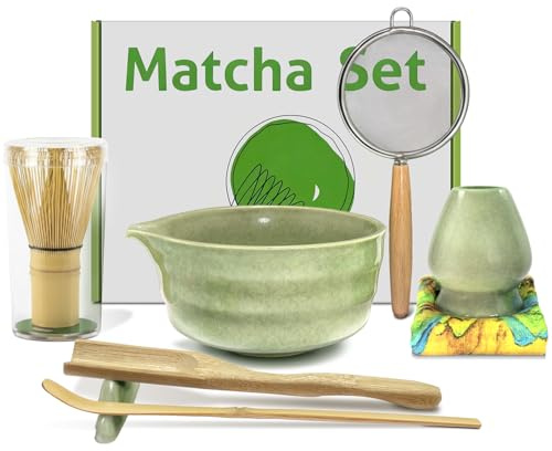 EnGiTores Set di 8 fruste Matcha in ceramica con beccuccio, supporto per frusta, frusta in bambù e paletta, setaccio, set da tè giapponese per preparare colazione/latte macchiato per amanti dei macha
