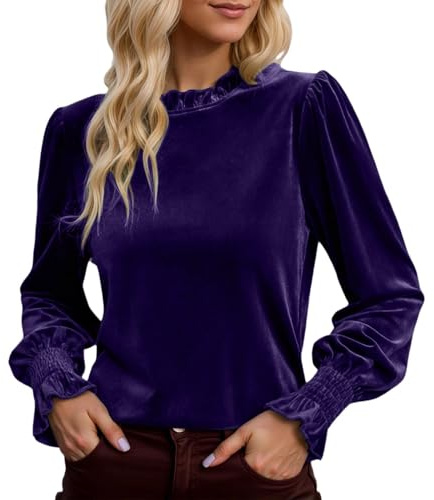 Pull femme en velours à manches longues élégant tunique col rond chemise décontractée haut uni or coupe ajustée haut classique en velours chemises chics, O violet foncé, L
