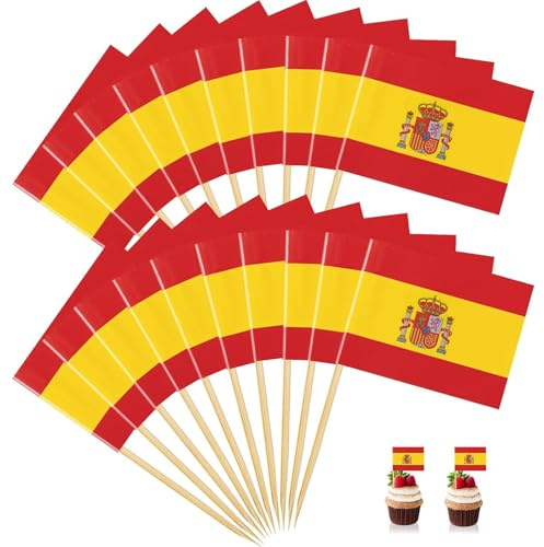 100 Palillos de Dientes con Bandera de España para Cócteles y Aperitivos, Mondadientes de Madera para Decoración de Fiestas, Cupcakes, Tapas y Eventos Deportivos, Mini Banderas de Comida
