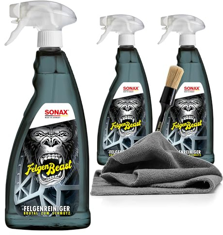 detailmate Fälgar rengöringsset – 3 x SONAX fälgBeast fälgrengörare syrafri, 1 l + allrounder mikrofiberduk 40 x 40 cm, 380 GSM + VALETPRO fälgar rengöringspensel + skyddshandskar