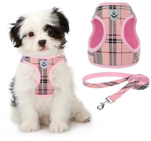KOOLTAIL Small Dog Harness and Lead Set, Soft Mesh Plaid Puppy Harness with Safety Buckle, Adjustable & Comfortable Padded Reflective Vest for Puppies and Small Breeds Dogs Walking