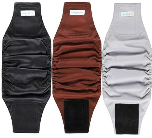 Langsprit 3 st hundmagband för hanhundar, mycket absorberande och tvättbara, återanvändbara blöjor för hanhundar (svart, grå, kaffe, medium)