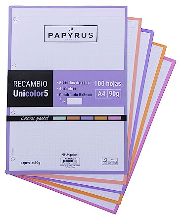 UNIPAPEL 53392398 påfyllning, 100 A4-ark, 5 pastellfärgade band, 5 x 5, 90 g, Papyrus, Unicolor 5