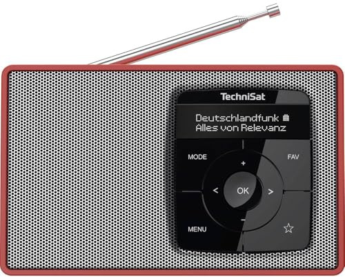 TechniSat DIGITRADIO 2 – bärbar DAB+/FM-radio med batteri (med Bluetooth ljudstreaming, väckarklocka, OLED-skärm, hörlursuttag, högtalare 1 W RMS) röd/silver