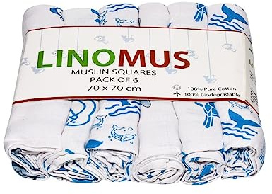 Linomus Panni in mussola per bambini, confezione da 6 (70 x 70 cm), morbidi, assorbenti e traspiranti, 100% puro cotone, ideali per pulire, pulire e coprire i neonati, tema animali blu chiaro e scuro
