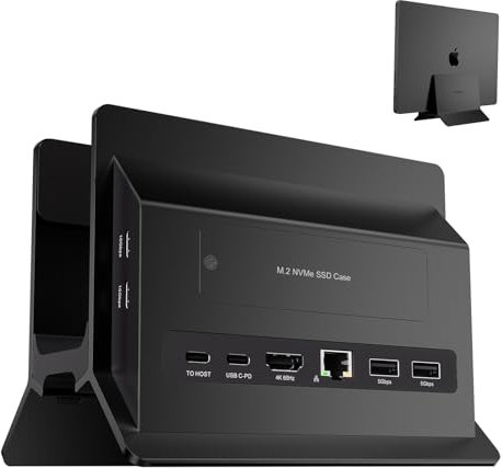 PULWTOP MacBook Docking Station, Vertical USB C Docking Station with M.2 NVMe SSD Case, 4K and 60 Hz, 2 x USB C10 Gbps, Laptop Stand MacBook Dock Compatible with MacBook, Mac mini and Laptop, Black