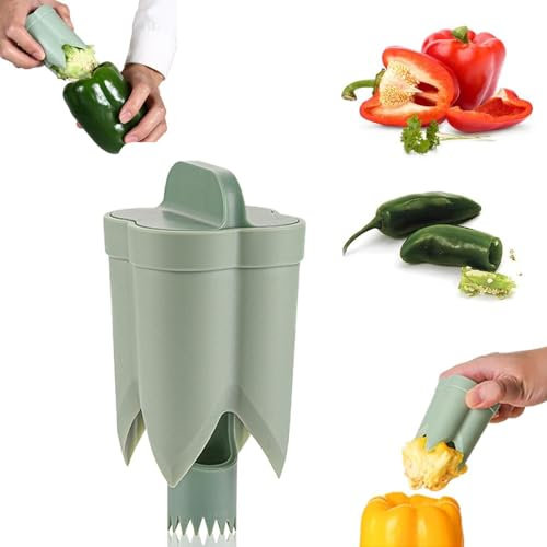 Estrattore di semi di peperone, 2 in 1 Tagliapeperoni, Estrattore di semi di frutta, Togli-torsolo di verdure per Gadget da cucina (Verde)
