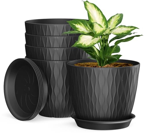 Plastic Plant Pots Indoor, 5 Pack 20cm/8 Inch Stripe Grooves Flower Pots with Drainage Holes and Tray, Modern Decorative Planter Pot for All House Plants(Black)