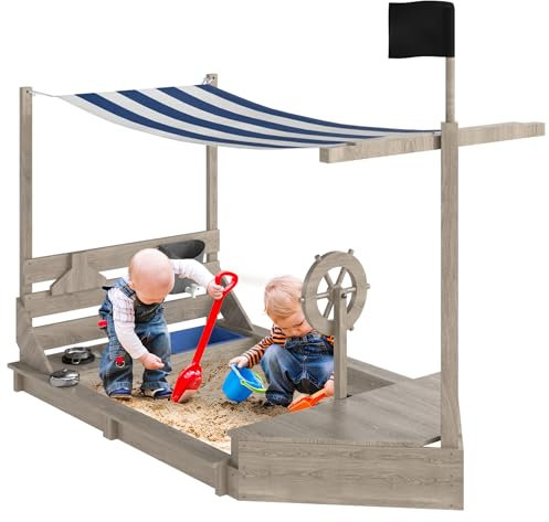 Outsunny Sandkasten Sandkiste groß mit Abdeckung im Schiff Design Matschekiste aus Holz Segelschiff Spielhaus mit Küchenspielset Aufbewahrung für Kinder 3-7 Jahre Grau 180 x 103 x 144,5 cm