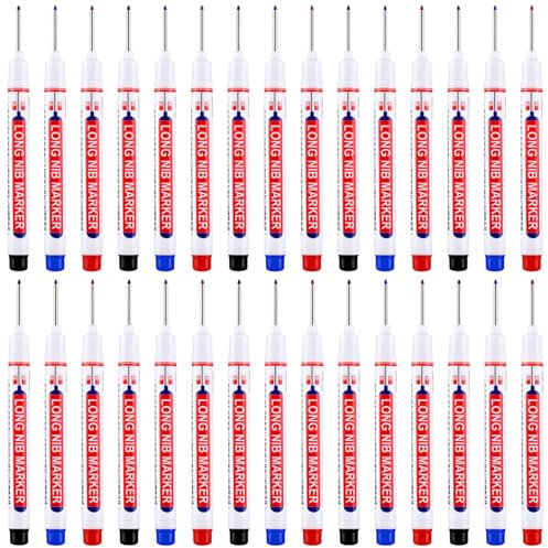 30 bolígrafos de marcado de largo alcance, marcadores de precisión de agujero, tinta de secado rápido a base de aceite en negro, azul y rojo para construcción, madera, metal y azulejos