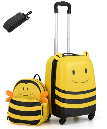 GOPLUS Kinderkoffer 2 TLG. mit Rucksack, Reisekoffer Set Kinder mit niedlichem Bienen-Rucksack & 18 Zoll Rollkoffer, 12”+16” Kindertrolley aus Kunststoff, Kindergepäck Flugzeug für Jungen & Mädchen