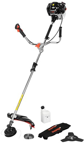 DNIPRO-M Desbrozadora de Gasolina, 51,7 CC, 2,6 kW (3,5 CV), Hilo Ø450 mm, Cuchilla 3 Dientes 255 mm, Manillar Tipo Bicicleta, Arnés Mochila, Antivibración, Depósito 0,9 L - 52S