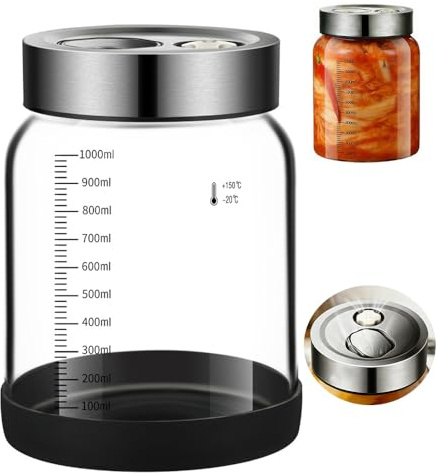 AXVRAV Tarro de fermentación con tapa y escala, 1 litro de vidrio de fermentación adecuado para hervir, vasos de fermentación con válvula de ventilación, tarro de fermentación para pepino, chucrut