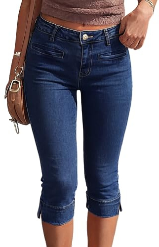 Fengbay capri jeans för kvinnor UK smal stretchig låg midja smal delad fåll vardagliga damer denim beskurna byxor med fickor trendiga, Mörkblått, L