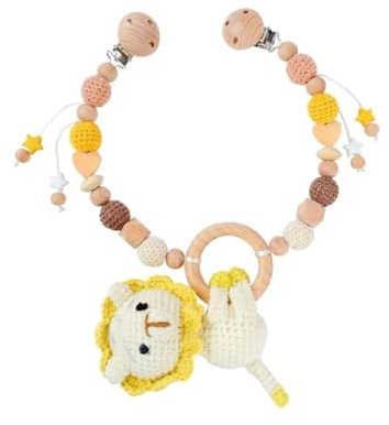VNLCPX Catenella per Passeggino, Giochi da Passeggino con Funzione Sonaglio, Catena in Legno per Passeggini e Culle, Disegno Leone, per Neonati e Bambini da 0 + Mesi, 49 cm