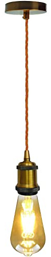 LEDSone Yellow Brass E27 Pendant Light Fitting | 95cm Adjustable Twisted Braided Cable Lamp Holder Vintage Ceiling Light for Kitchen, Dining Room & Bar