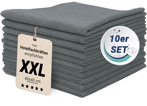 ZOLLNER 10er Set Mikrofasertücher für streifenfreien Glanz - flusenfreie und saugstarke Reinigungstücher - waschbar bis 60°C - 40x40cm in grau - Hotelqualität
