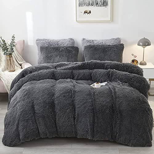Sacebeleu Plüsch Bettwäsche Set 220x240cm Dunkelgrau Grau Warme Winter Flauschig Flanell Biber Mädchen Bettbezug Deckenbezug mit Reißverschluss und 2 Kissenbezug 80x80cm Doppelbett