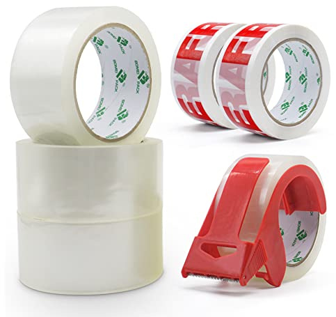 BOMEI PACK 6 Rolls 4 Clear and 2 Fragile with 1 Dispenser,No Bubble Secure and Sticky Packing Tape,Heavy Duty Packaging Tape for Moving,Parcels Sealing,Shipping,45 mic x 48 mm x 66 m