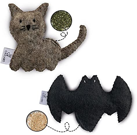 CATLABS Katzenminze Spielzeug 2er Set 'Kuschelige Katzekissen' und 'Flauschige Fledermaus' mit Katzenminze & Baldrian - natürliche Schafwolle ohne Polyester - nachfüllbar