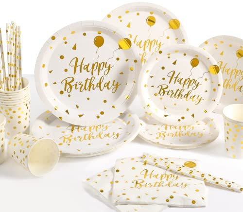 Yidaxing Stoviglie per Feste Oro Bianco, 120pcs Bianca e Oro Stoviglie per Feste, Piatti di Carta, Tovaglioli Bicchieri Paglia per Feste Compleanni Matrimoni Anniversari Feste di Laurea, 24 Ospiti