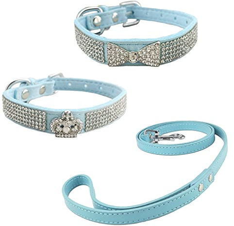 Newtensina 3 delar mode diamant hundhalsband och koppel fluga och krona valphalsband med koppel för små hundar – blå – XXS