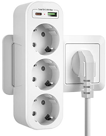 Ladron Enchufes Multiple 3 Tomas USB C, Pared con 3 Clavija Schuko y 2 USB Puertos,Alargador con Cargador,Adaptador Triple Portátil Protección Infantil,Blanco