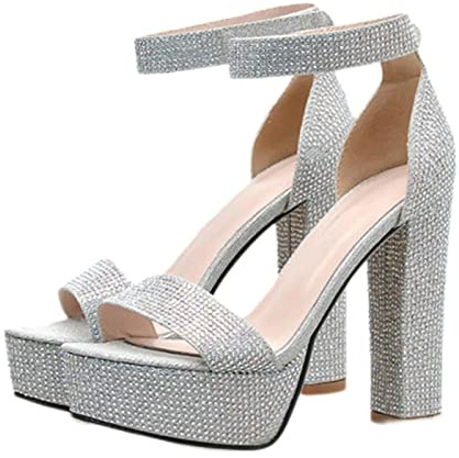 DSAI Sandali con plateau in argento con strass, punta aperta e cinturino alla caviglia, con tacco quadrato, scarpe da sposa da donna, colore argento, 36