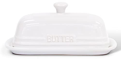 MAIA Ceramic Butter Dish with lid for countertop 4'' x 8'' Keeper Container White Holder Spreader on Kitchen Dishes Storage (BD01-DE)
