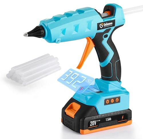 GoGonova Heißklebepistole, 20V Akku Heißklebepistole mit LCD-Digitalanzeige, Temperaturanpassung, Anti-Nachtropf Düse und 12St 11mm Klebesticks, Ideal für DIY, Reparatur(Akku im Lieferumfang)