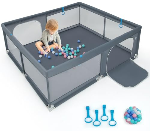 COSTWAY Parque Infantil Bebe 200 x 180 x 68 cm, Corralito Bebe con 50 Bolas, 4 Anillos, Malla Transpirable Suave, Asas, Valla para Bebés con Puerta, Base Antideslizante (Gris)
