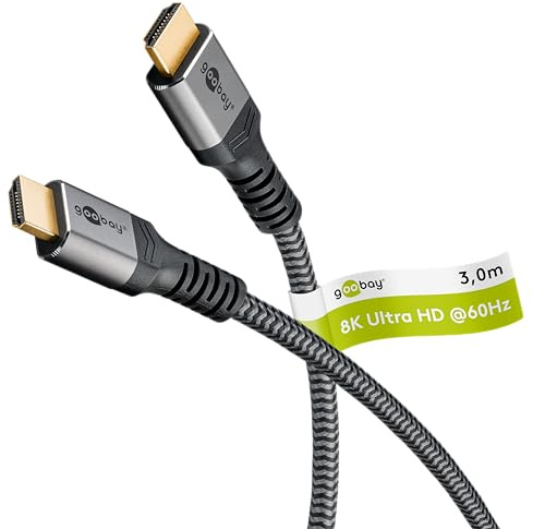goobay High Speed 2.1 HDMI Kabel mit Ethernet - Vergoldete Stecker, Ultra HD Auflösungen bis zu 8KHz @ 60 & 4K @ 120Hz, HDMI Verlängerung für PS5, Xbox, Apple TV 4K, Fernseher Zubehör - 3m Grau 65262