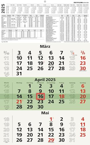 Zettler - 3-Monatskalender Recycling 2025, 29,7x48,8cm, Bürokalender mit Jahresübersicht, Blauer Engel, faltbar, 3 Monate auf einen Blick, Feiertage/Ferientermine DE/AT/CH und deutsches Kalendarium