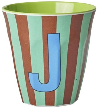 Rice Melamin Becher medium gestreift mit Buchstaben, Modell für Jungen blau/grün/mint- Töne, Größe 9 x 9 cm (J Junge)