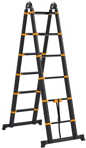 HOMCOM 3.8M Duo Aluminium Ladder with 12 Non-Slip Steps, Tool Holder Herringbone Deployed Extendable DIY with Climbing Platform, Yellow