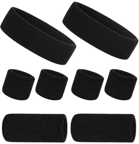 8 Stück Elastische Schweißband Set, Baumwolle 6 x Schweißband Handgelenk und 2 x Schweißband Stirn Schwarz Sports Schweißbänder für Herren Damen Kinder Tennis Fußball Basketba Laufen