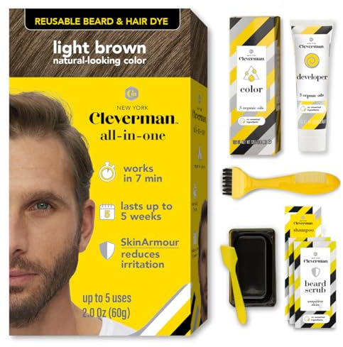 Reusable Hair & Beard Dye for Men – Light Brown 6.12 | Up to 5 Uses, 7 Minutes | Natural Gray Coverage, No-Drip Cream with SkinArmour® – Cleverman