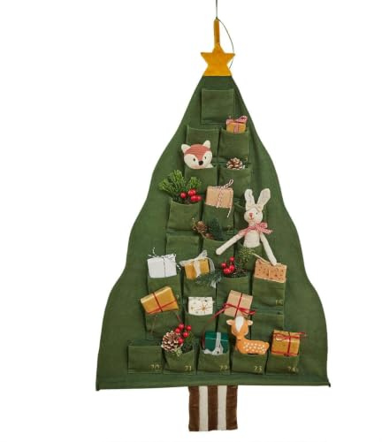LOBERON Adventskalender Talira, in Form eines Weihnachtsbaums, Handgewebt, Bedruckte Nummerierung, Individuell Befüllbar, Adventszubehör, Advent, Baumwolle, Bambus, grün