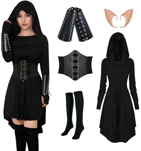 Ropa medieval para mujer, juego de vestido gótico renacentista, vestido con capucha para mujer con corsé, protectores de brazos, medias, orejas de elfo para carnaval, Halloween, fiestas (negro, M)