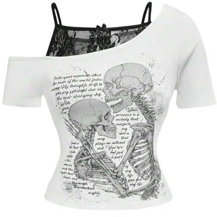 Emo Grunge Lot de 2 t-shirts vintage pour femme - Épaules dénudées - Faux Y2K - Guitare - Graphique - Pour bébé - Gothique - Esthétique - Manches courtes - Épaules dénudées - Crop Top Streetwear Punk