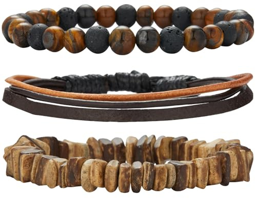 Dazylleco Bracciale Uomo Set Braccialetti in Pelle e Corda Intrecciata e Perline Bracciale Multistrato Regolabile Gioielli Regalo per Festa del Papà(82-Brown)