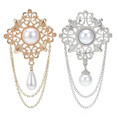 NBEADS 2 piezas 2 colores aleación flor imitación perla flecos broches, cadena de flores borla Pines de Solapa para vestido traje ropa accesorios joyería, platino dorado