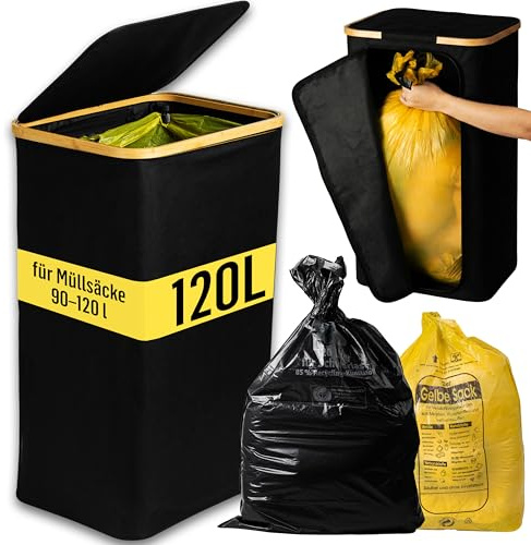 Deco haus® Gelber Sack Ständer mit deckel [90-120L] - Müllsackständer mit Bambusrahmen und fixierendem Metallring - Mülleimer 120 liter - Reißverschluss - Gelber Sack Ständer Klappbar Schwarz