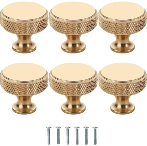 Bikasun 6 poignées d'armoire dorées rondes, poignées de meubles dorées, poignées d'armoires de cuisine, poignées de tiroirs, poignées à trou unique, armoires de cuisine et armoires à vêtements