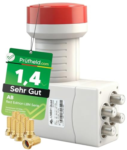 AB Quad LNB (Red Edition) 4 deltagare för satellit skål antenn, 4K 8K UHD LNB med LTE Protected, 4-vägs direktanslutning till satellitmottagare och TV inkl. 8X förgyllda Nonic F-kontakter