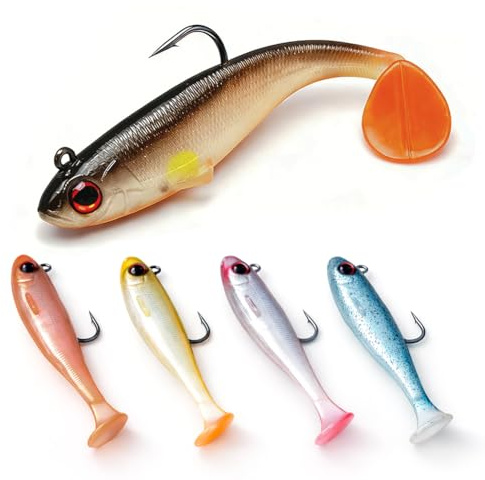 Juego de señuelos de pesca de goma premontados con cabeza de anzuelo, de hundimiento lento, acción de natación natural, cebo para peces depredadores para perca, lucioperca, lucio, trucha, agua dulce y
