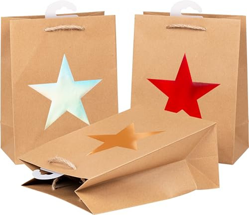 HEKU 24er Set Hochwertige Geschenktaschen aus Papier, Stern-Motiv, Metallic-Aufdruck I 3 Farben (rot, gold, silber) I Praktische Größe (23x18x10 cm), Single Star