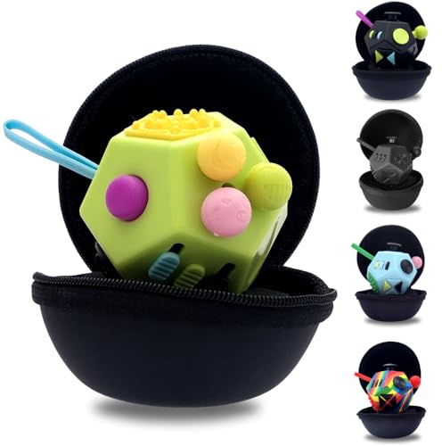 PILPOC theFube Fidget Cube with 12 Sides - Handy Anxiety Toys for Kids and Adults - Fidget Dice for Stress Relief & Focus - Anti Stress Cube for ADHD, ADD, with Carry Case (Green & Mix)