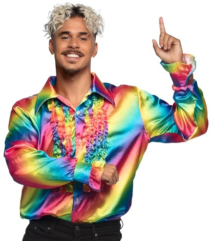 Boland - Chemise disco à volants, pour homme, couleurs arc-en-ciel, costume, chemise de soirée, Schlager move, 70s, soirée à thème, carnaval