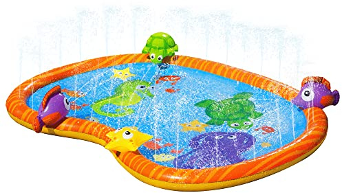 BANZAI Splash Pad Toddler Water Play Mat, 58 in Outdoor Kids Sprinkler Mat with 3D Sea Characters, Baby Splash Pad for Backyard Summer Fun